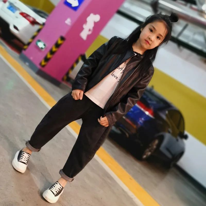 Spring Autumn Girl PU Leather Motorcycle Jacket 1-10 Years Kids Little Girl Outerwear Coat Infant Baby Girl Catwalk Outfit 241223