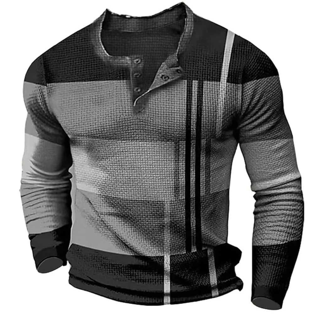 New Arrival Mens cotton T-shirt color block pattern T-shirt Henry shirt oversized clothing outdoor casual long sleeved button up clothing Z241223