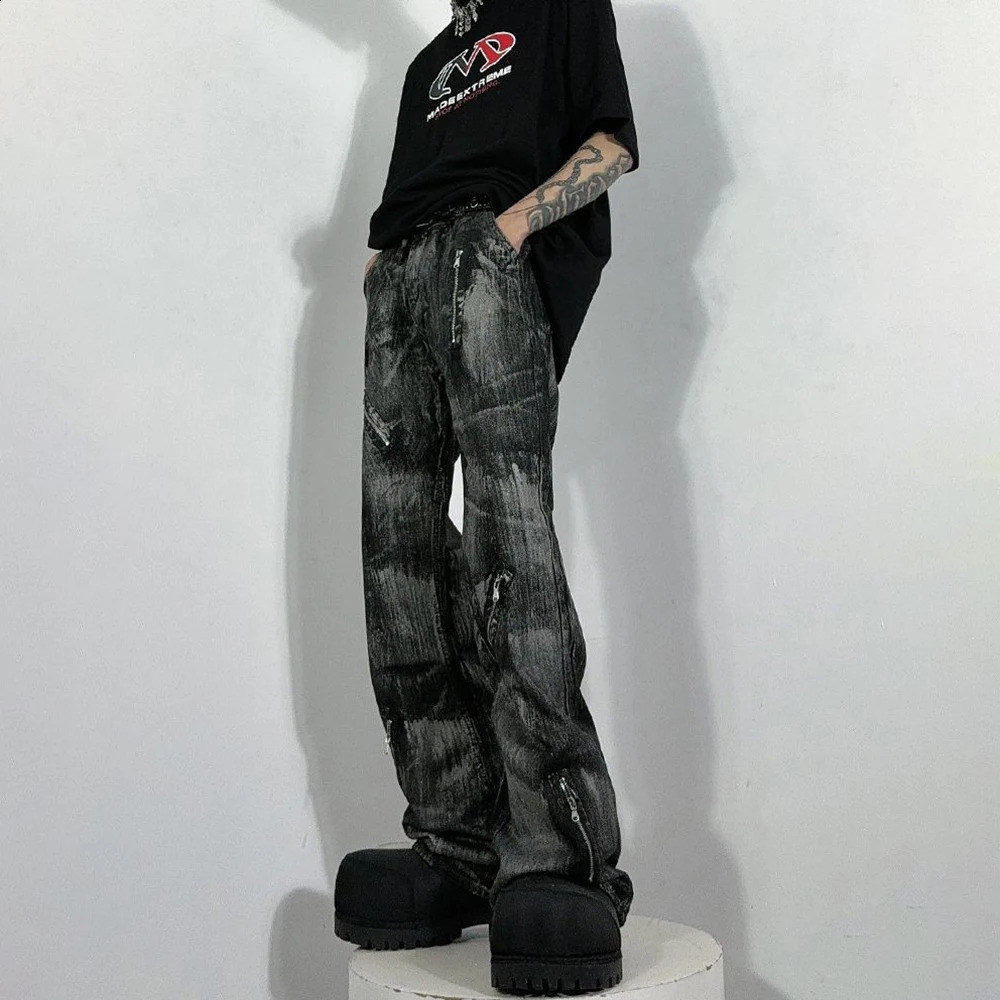 Mens Jeans Y2k Multi-Zipper Decoration Washed Casual Pants Streetwear American Fashion Campus Performance Pants MenS Clothing 241223