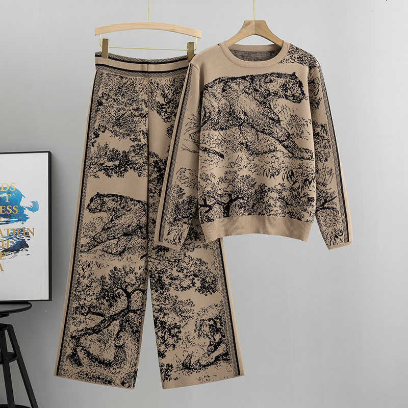 Elegant 2 Pieces Set Knitted Animal Print Sets Women O Neck Sleeve Knitwear+Wide Leg Long Pants Casual Fashion Spring 2023