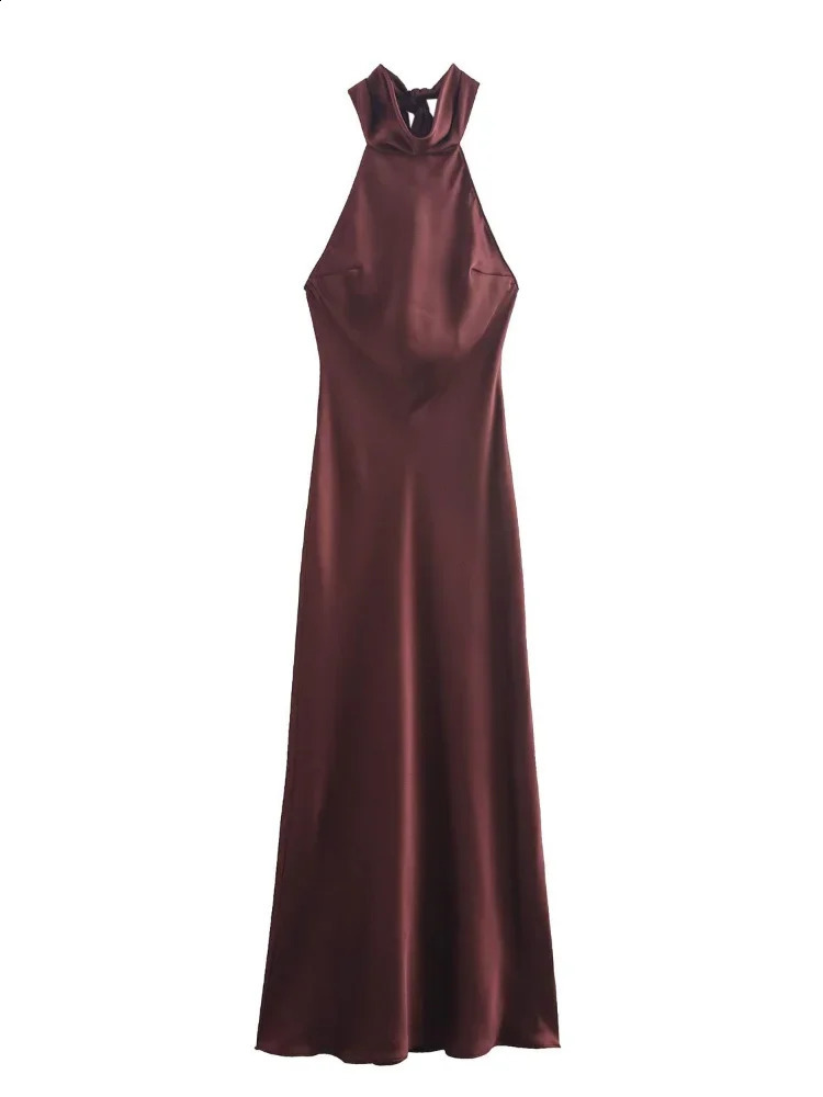 Elegant Brown Satin Halter Lace Up Long Dress Sexy Off Shoulder Backless Sleeveless Bodycon Dresses Autumn Lady Party Robe 241223