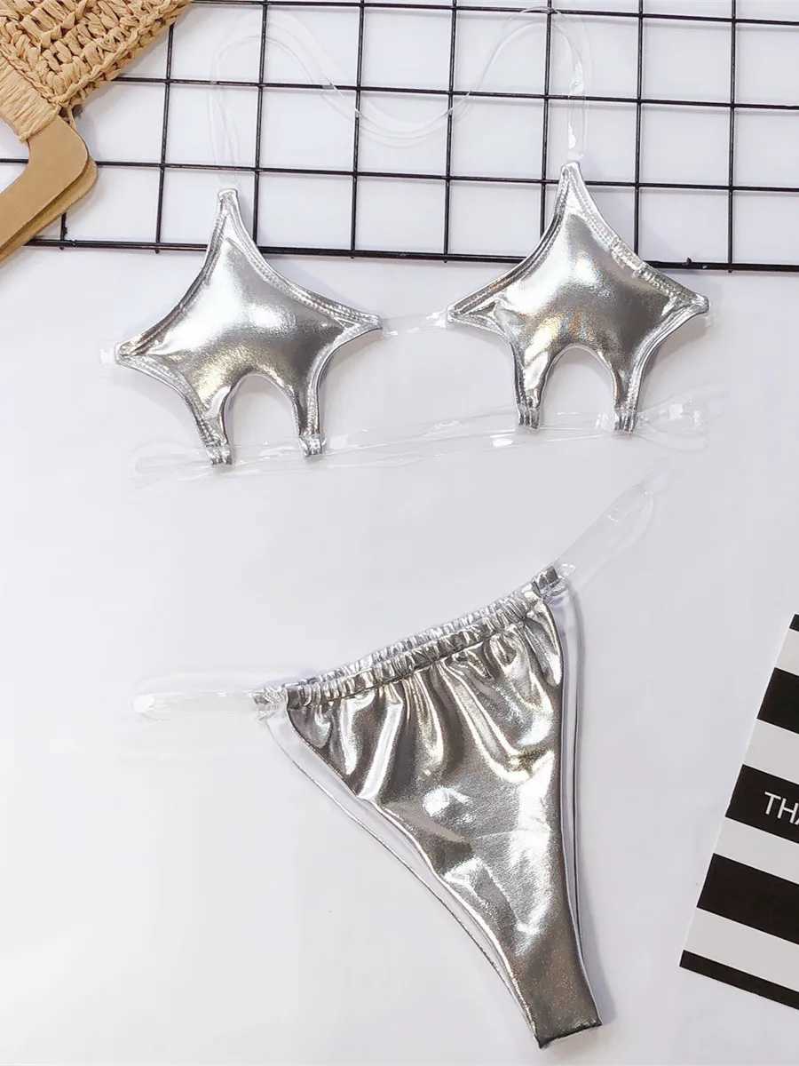Sexy Micro Bikini 2024 Women Pentagram Design Transparent Swimwear Neon Clear Strap See Through Thong Swimsuit Traje De BaoXJ241223