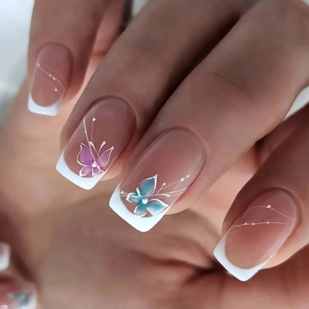 24pcs Glitter Short Square Flash Aurora Fake Nail Set Blue Press on False Nails Tips Full Cover Nail Art with Jelly Glue 241223