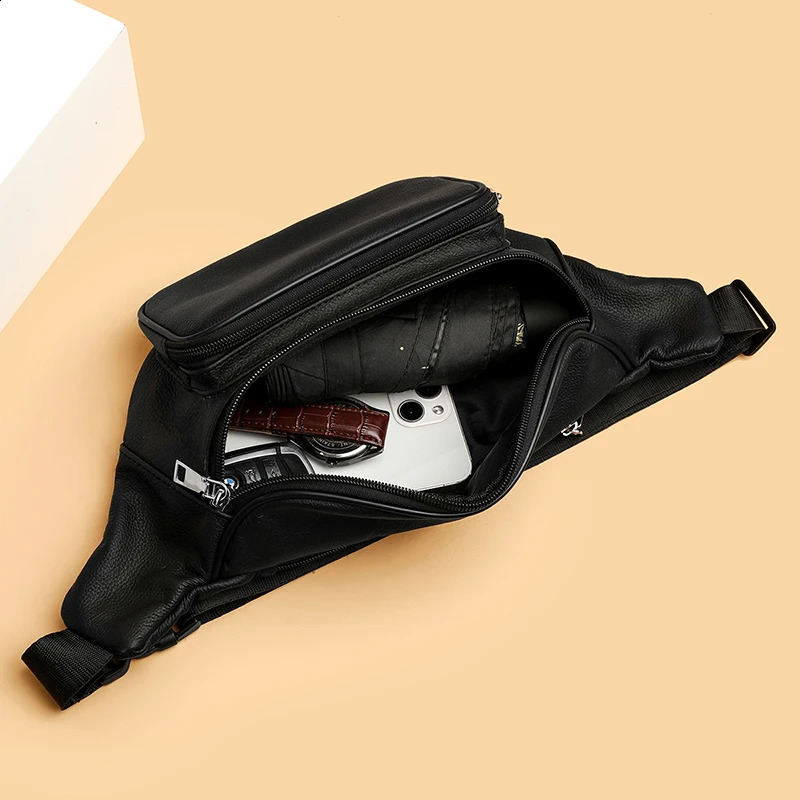 100% Genuine Leather Mens Waist Bag Mini Travel Fanny Chest Pack Cowhide Belt Bag Male Small Waist Bag For Phone Pouch 241223