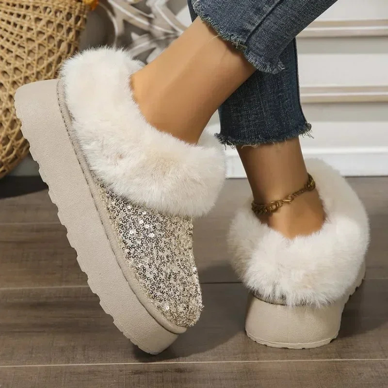 Faux Fur Winter Women 2025 Fashion Sequined Cloth Warm Snow Boots Woman Non-slip Thicken Plush Ankle Booties Plus Size 44