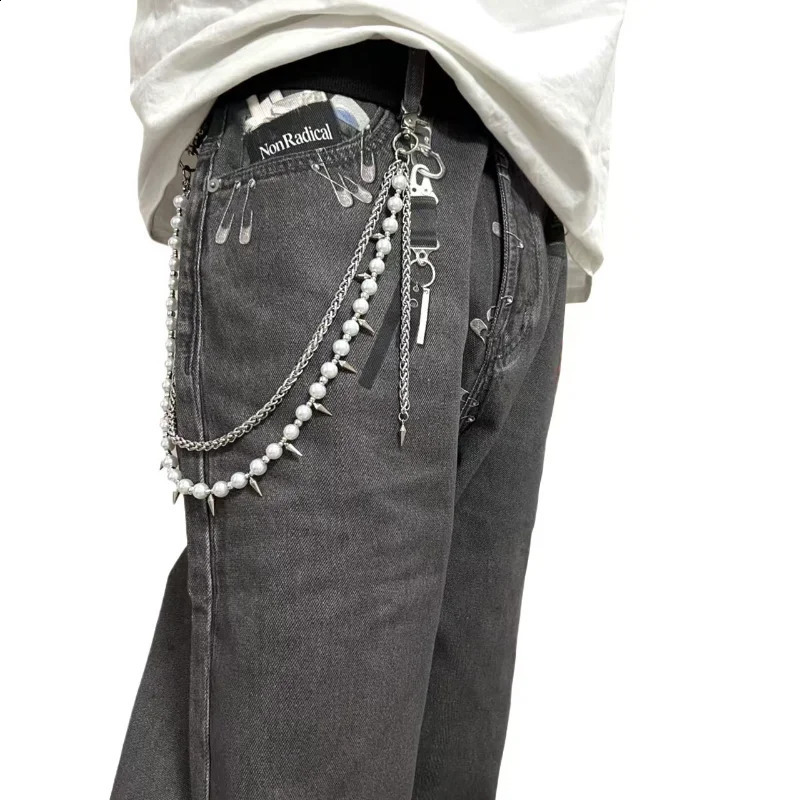 Dark punk style double layered jeans chain n with beaded spikes tassel waist chain niche bag chain 241220