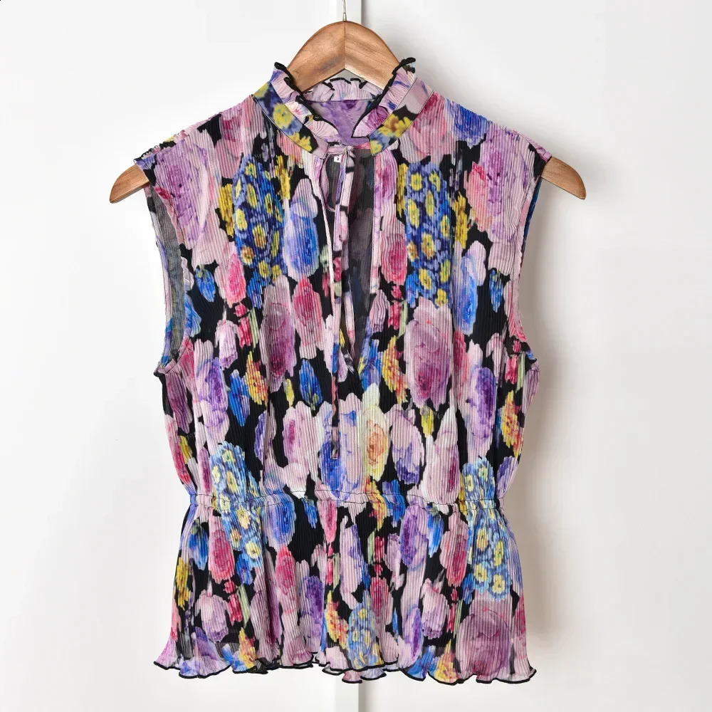 Spring and Summer Laceup Smudged Printed Elastic Waist Sleeveless Blouse Women Shirt Tops 241218