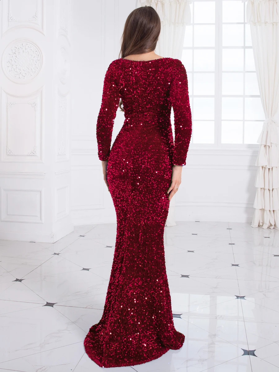 Romagic Women Modest Stretch Sequin O Neck Evening Prom Gown Party Long Dresses Full Sleeved Mermaid Formal Dinner Elegant Dress 241217