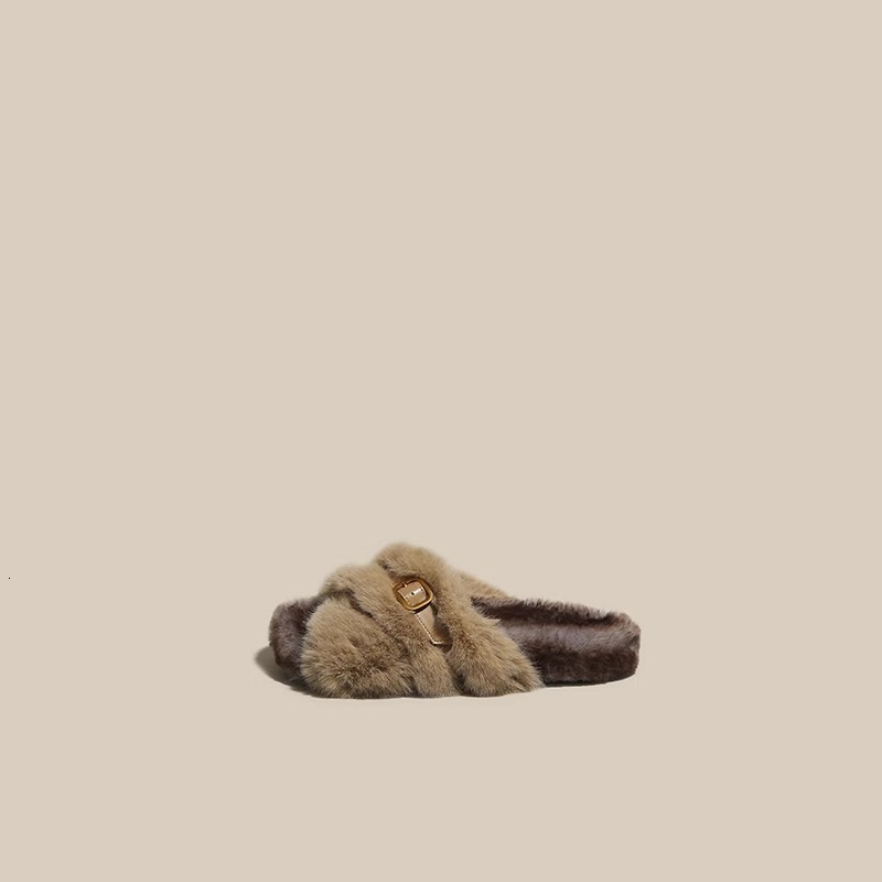New Autumn 2023 Shoes For Women, Furry Flat Bottom Mink Fur Fairy Wearing Soft Soled Cotton Slippers
