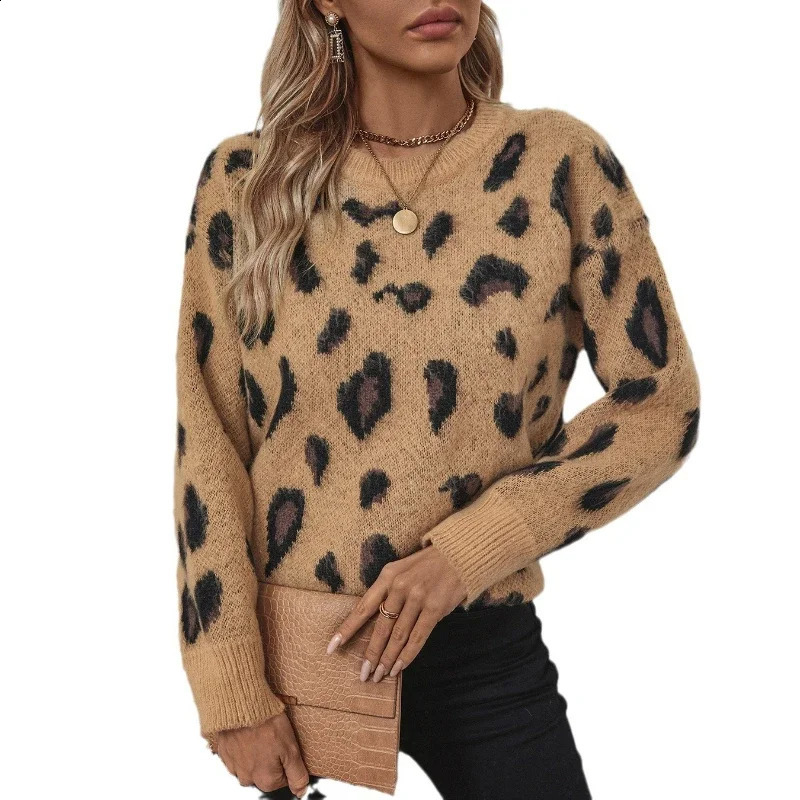 Women Leopard Print Sweaters Long Sleeve Knit Pullovers Round Neck Thick Jumpers Warm Casual Slight Strech High Street 241223