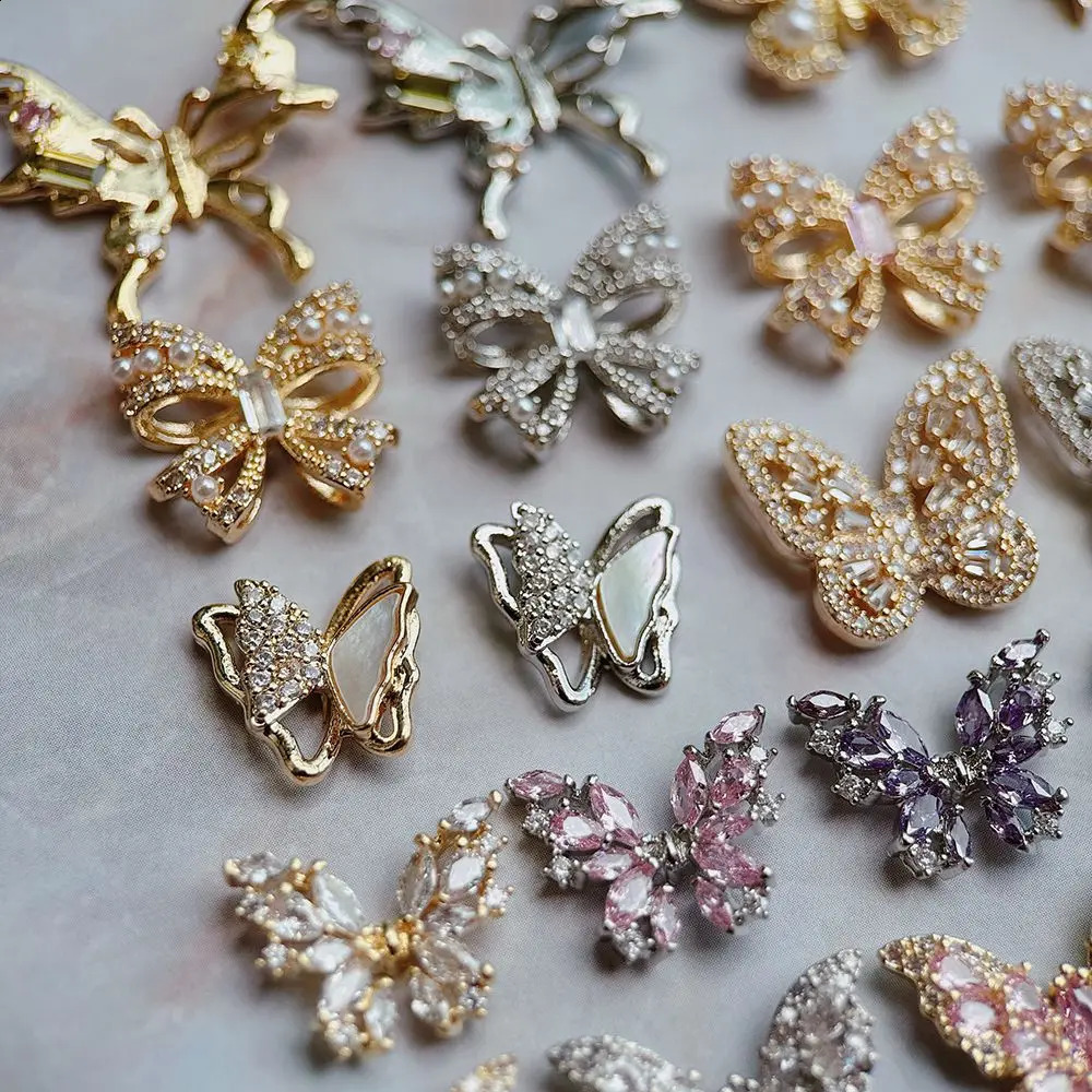 10pcs/lot Large Pink Butterfly Zircon Crystals Metal Nails Jewelry Decorations Nail Art Accessories Charms Parts Supplies 241220