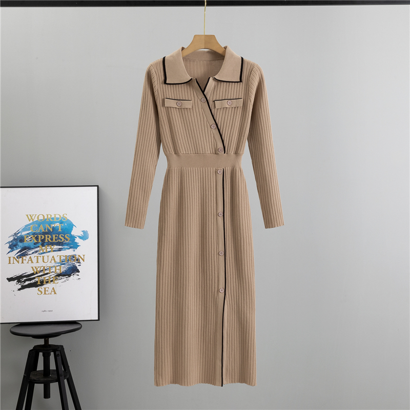 new Autumn New Women's Knitted Fashion Flip Collar Single Breasted Long Sleeved Slimming Temperament Dress