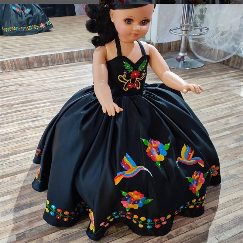 Black Mexican Flower Girls Dress Embroidery Birthday Dress Mariachi Kid Pageant Party Bow First Holy Communion Dress Caramuza 2025 Princess Child Sati