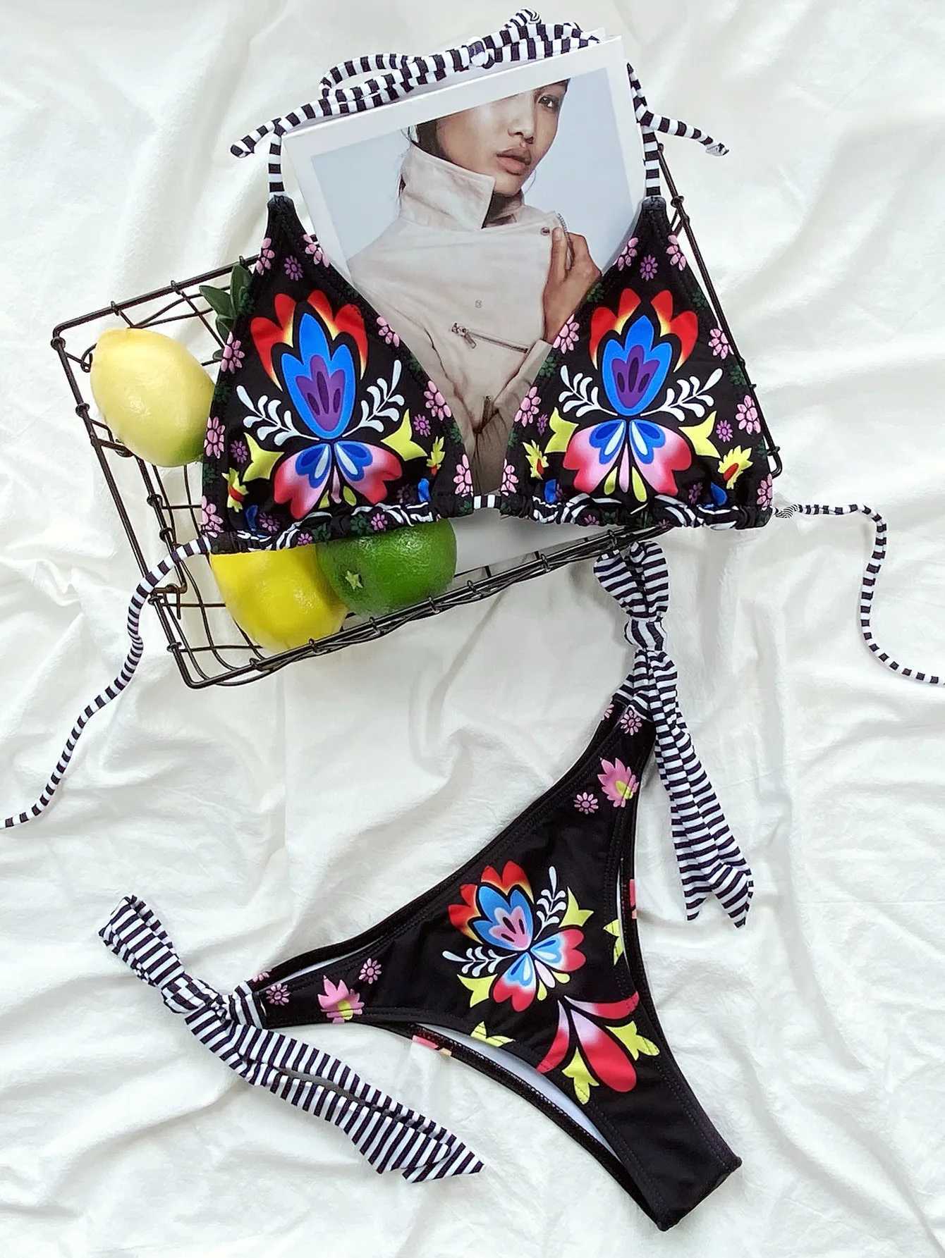 sexy gothic print black triangle bikini set separate high waist thong Swimwear Biquini conjunto de bikini tankini beachwearXJ241223