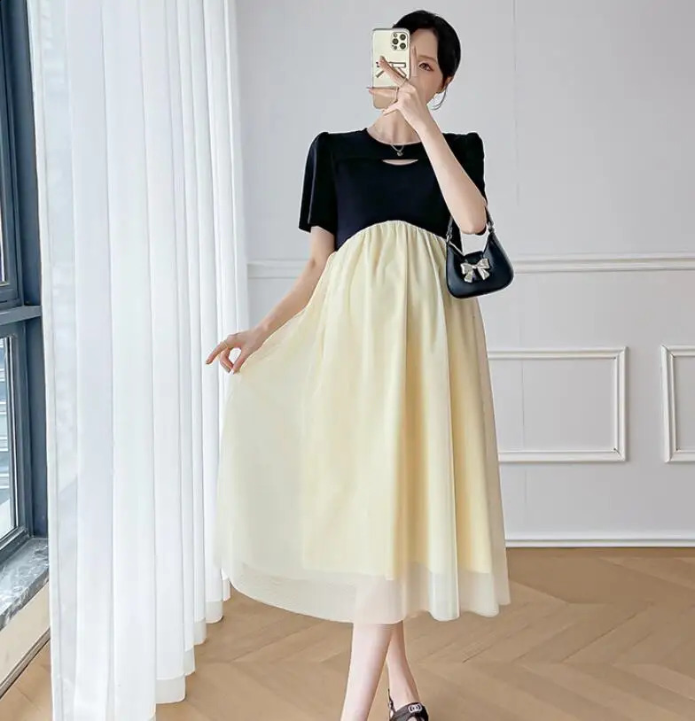 Fashion Maternity Autumn Chiffon Dress Ruffles Patchwork High Waist Block Color Pregnant Woman Chiffon Dress Princess Clothes 241223