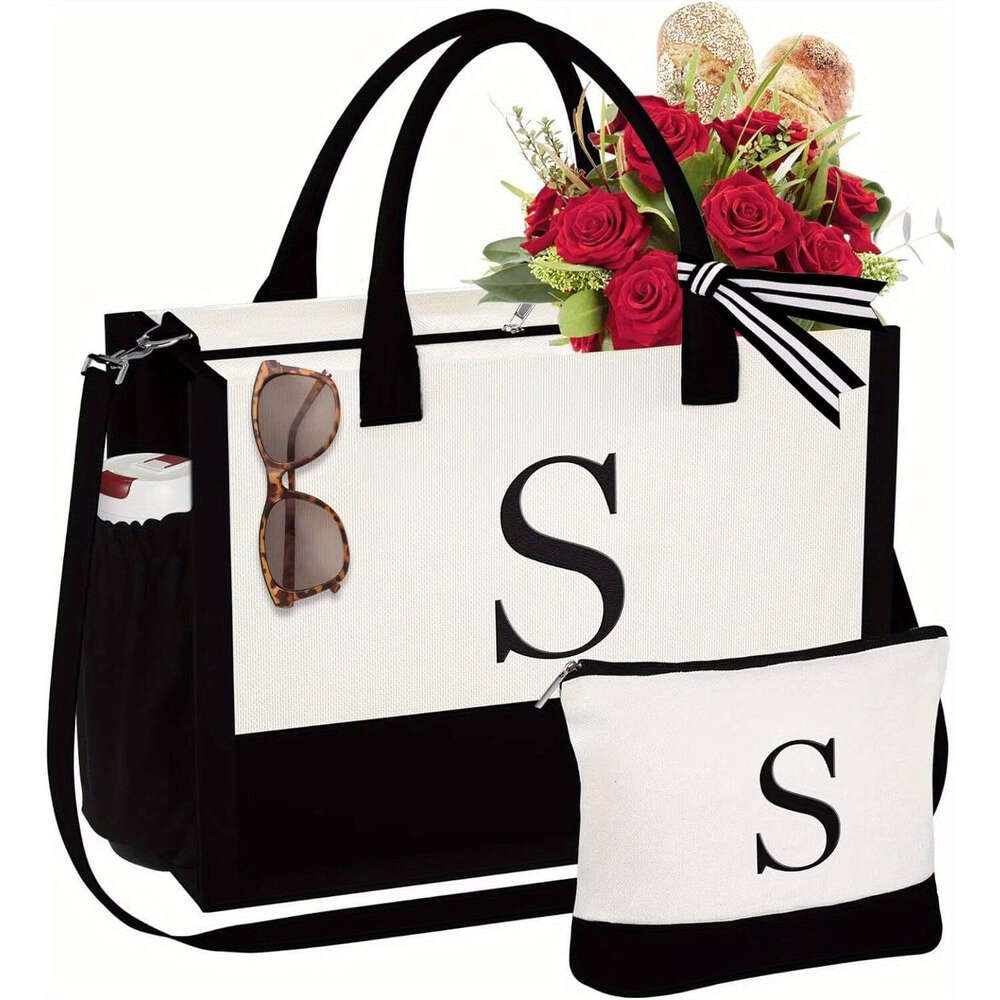 3pcs/2pcs - Initial Canvas Tote & Makeup Bag With Adjustable Strap, Birthday Women Gifts For Wife Girlfriend Friends Female Sister Teacher, Christmas 