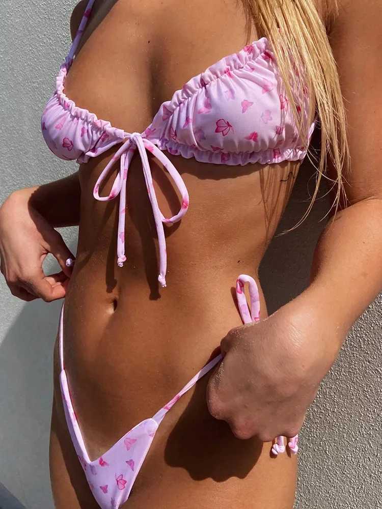 Sexy Printed Ruffled Frilled Thong Bikini Women Swimwear Female Swimsuit Two Pieces Bikini set Micro String Bathing Suit SwimXJ241223
