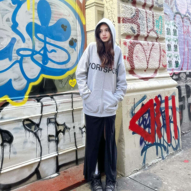 autumn and winter hooded cardigan Y2K trendy letter gray sports hoodie