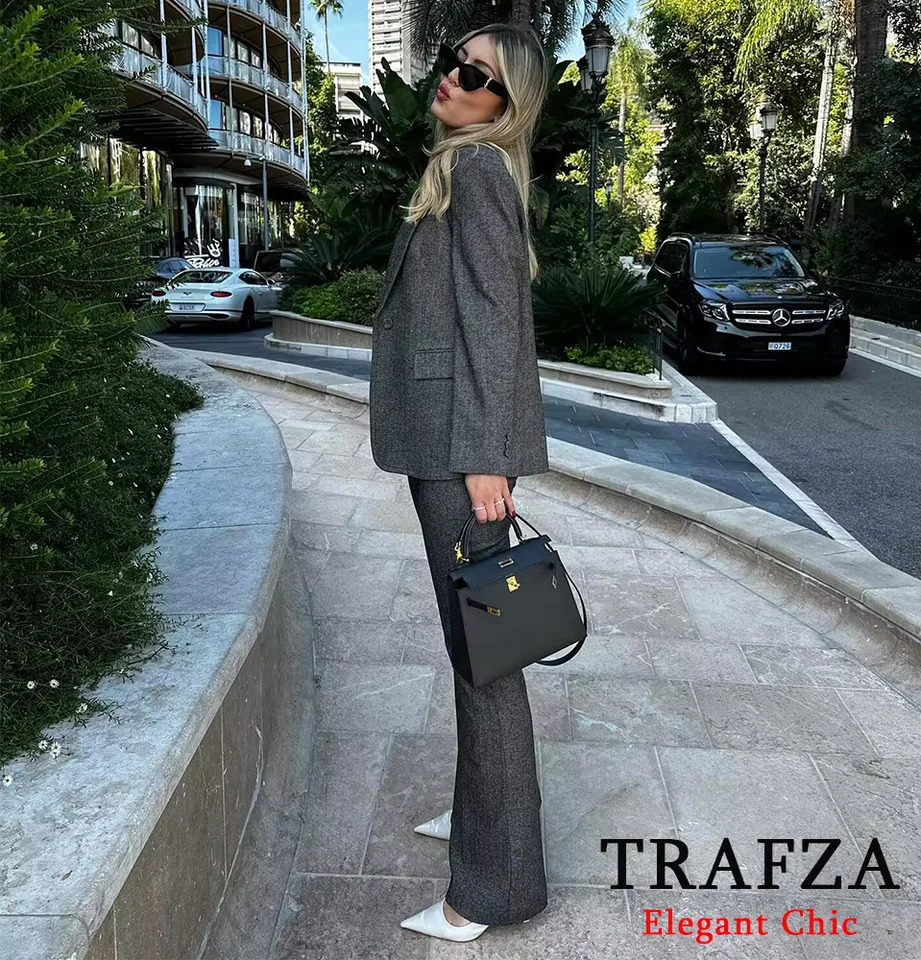 TRAFZA Office Lady Blazer Suit Womens Lapel Single Button Pocket Blazers and Pant Autumn Fashion Blazer Suit 241220