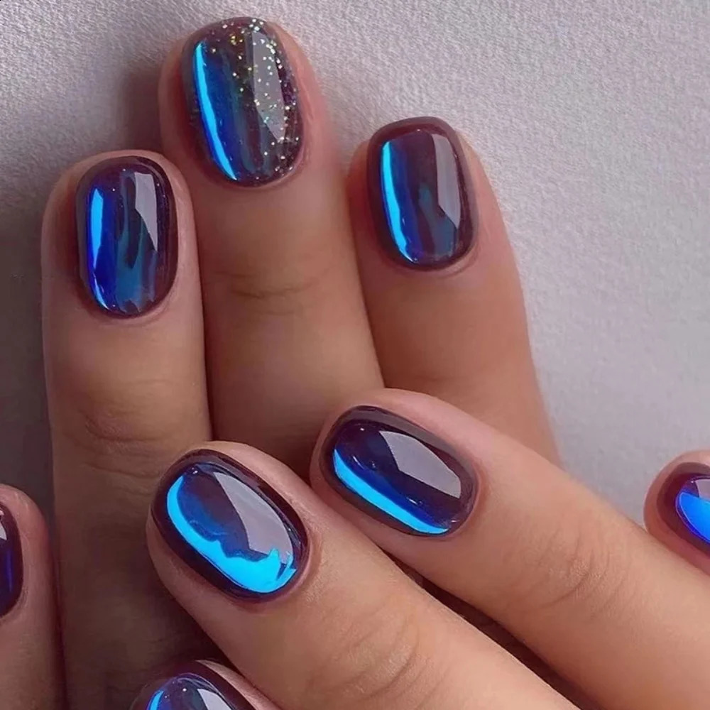 24pcs Glitter Short Square Flash Aurora Fake Nail Set Blue Press on False Nails Tips Full Cover Nail Art with Jelly Glue 241223