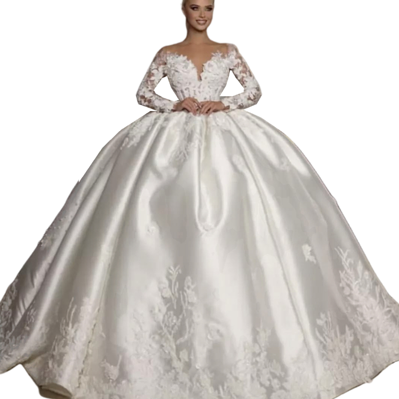 2025 Chapel Princess Wedding Dresses Long Sleeves ral Lace Appliques Pearls Beaded Ball Gown Dress Arabic Dubai urious Bridal Gowns