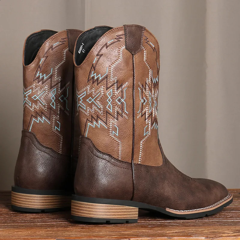 Mens Classic Retro Western Cowboy Boots Mens Fashion Patchwork Embroidery Small Leg Leather Boots er Mens Casual Shoes 241223