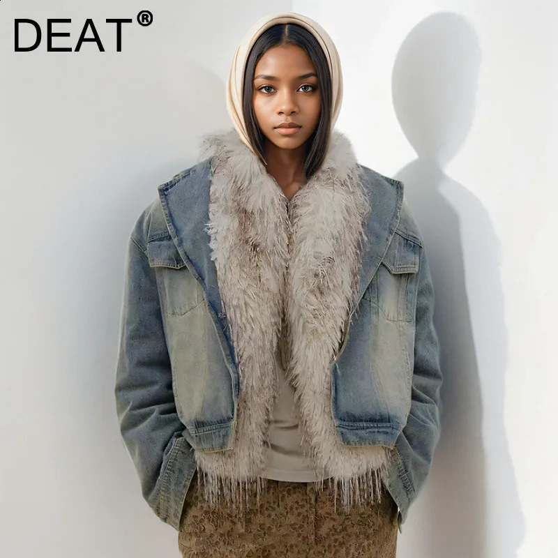 DEAT Winter Faux Fur Collar Denim Coats For Women Trendy Removable Inner Liner Single Breasted Jackets Fashion 29L9293 241223