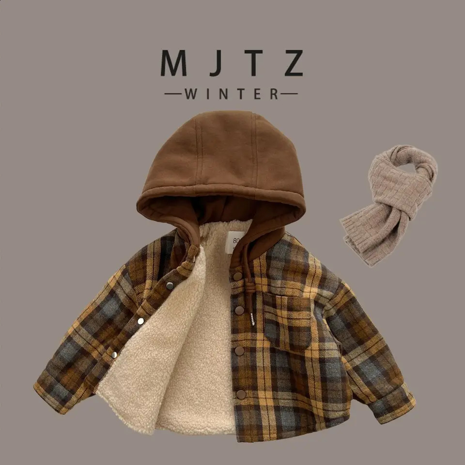 Childrens Hooded Shirt Kids Thick Clothes Baby Boys Khaki Plaid Shirts Coat for Autumn Winter Girls Long-Sleeve Jacket Clothing 241223
