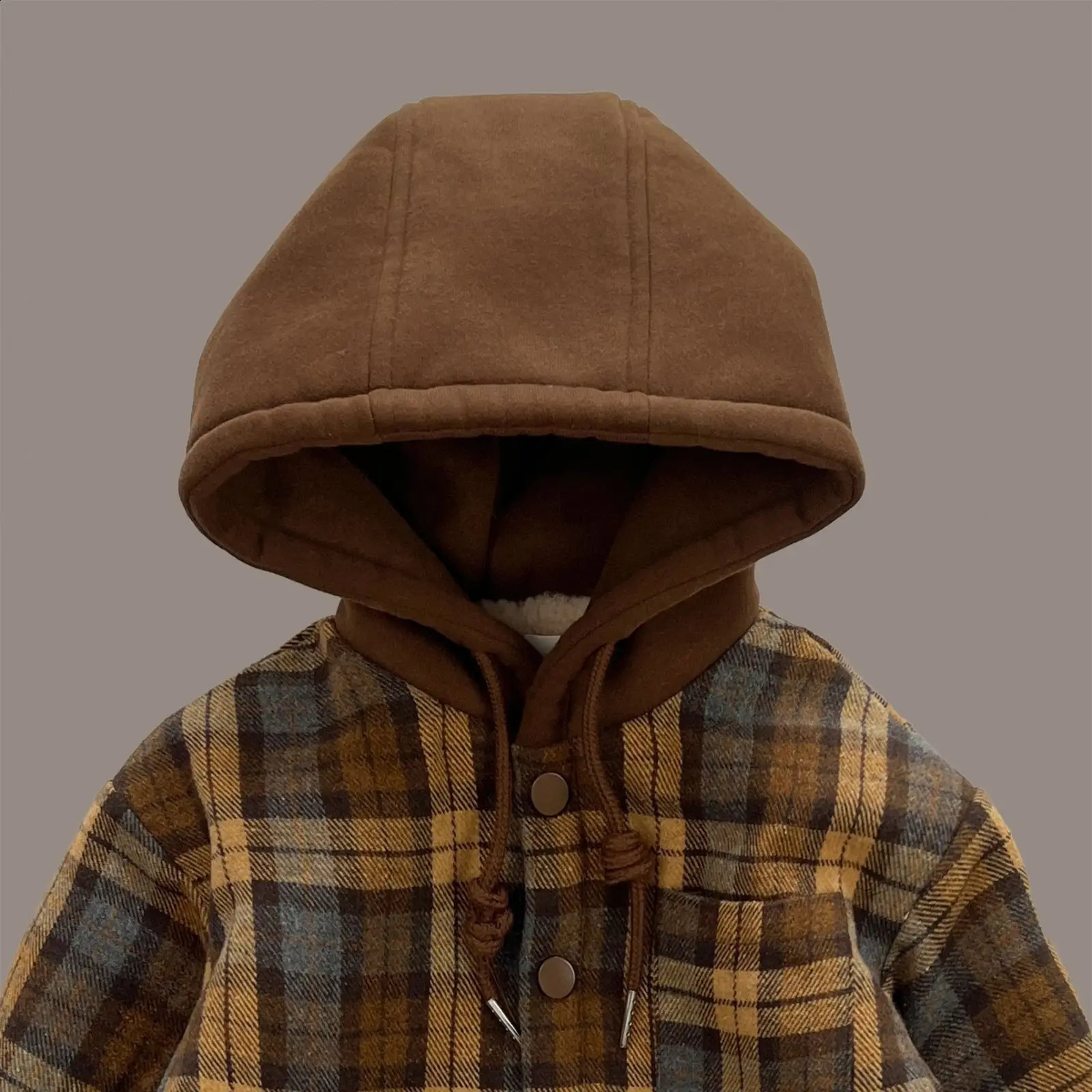 Childrens Hooded Shirt Kids Thick Clothes Baby Boys Khaki Plaid Shirts Coat for Autumn Winter Girls Long-Sleeve Jacket Clothing 241223