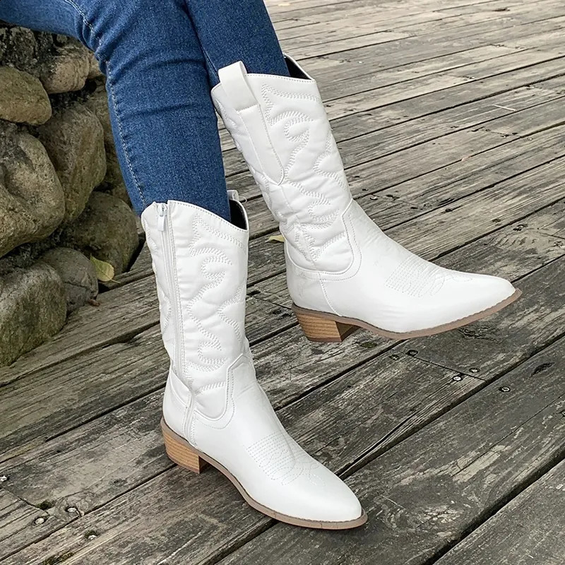 Womens High Quality Gold Womens Shoes Mid Half Life Side Zipper Western Cowboy Boots Silver Retro Boots Zapatos Womens 241223