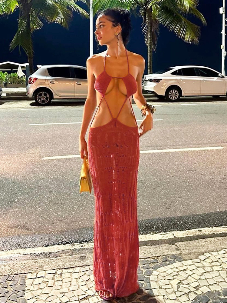 Women Sexy Hallow Out Halter Backless Knitted Long Dress Party Club Streetwear Bodycon Dresses Chic Bandage See-through Vestidos