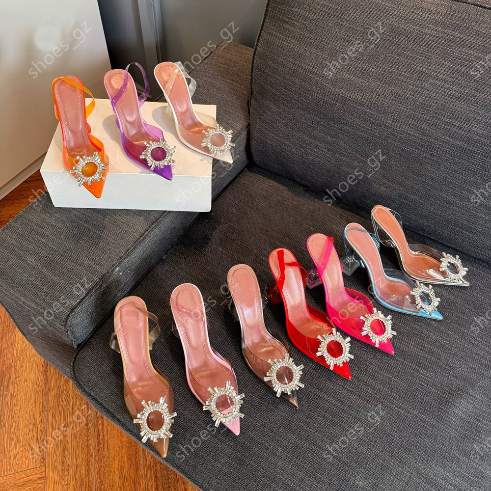 Designer Heels Crystal-Embellished buckle clear PVC Pumps shoes spool Heels sandals women's Luxury Dress Evening Slingback sandal factory footwear with box 9.5cm