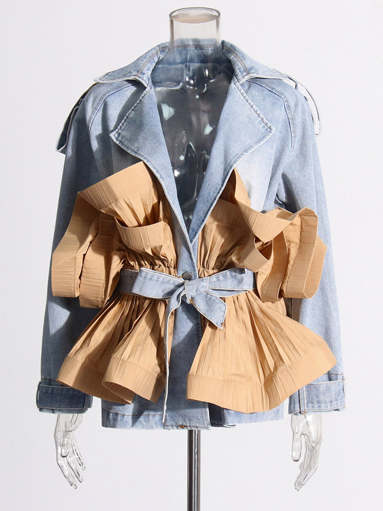 Colorblock Spliced Belt Coats For Women Lapel Long Sleeve Patchwork Ruffles Casual Designer Jacket Female Fashion