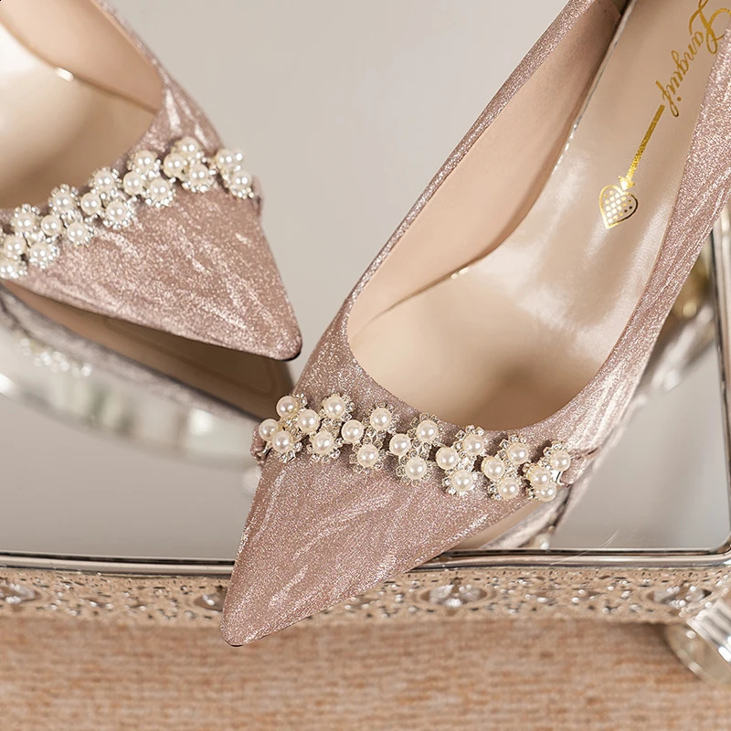 Shining High Heel Pump Womens Autumn Pearl Stiletto Shoes er Shoes Womens Pointed Toe Silver Party Shoes 241223