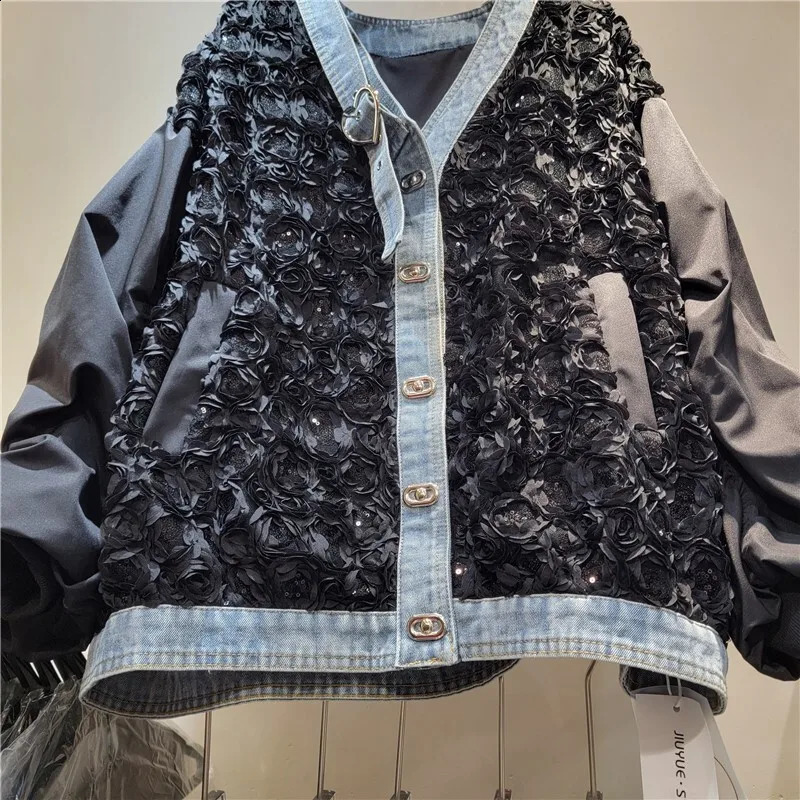 DEAT Womens Coat Patchwork Denim Pleated Flowers Sequins Gold Buttons Loose Elegant Jackets 2025 Spring Fashion 29L9418 241218