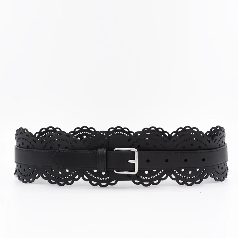 Cut out carved leather waist closure pin buckle leather wide belt dress waist geometric decoration silver buckle wide belt 241224