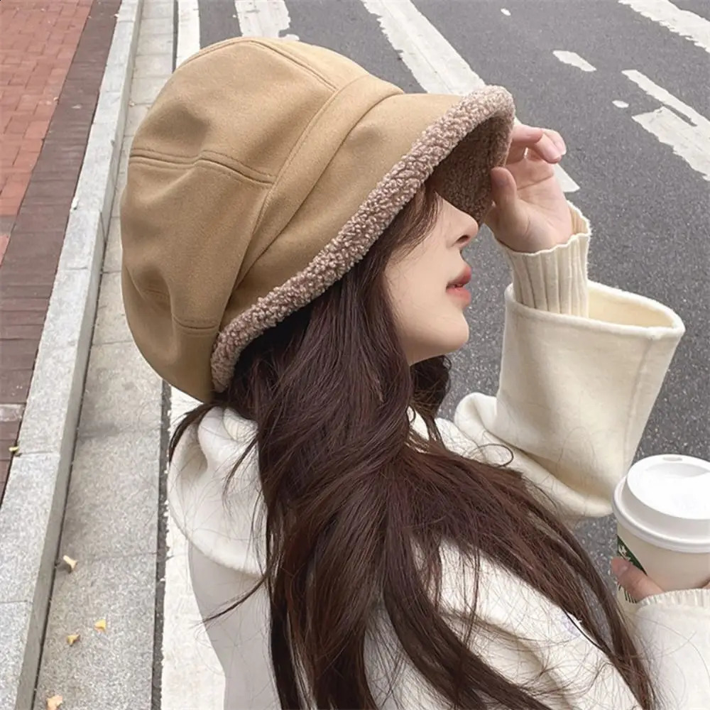 Winter Hats for Women Suede Bucket Hat Plus Velvet Lamb Hair Caps Outdoor Warm Thick Beret Wide Brim Windproof Cap Thick Hats 241223