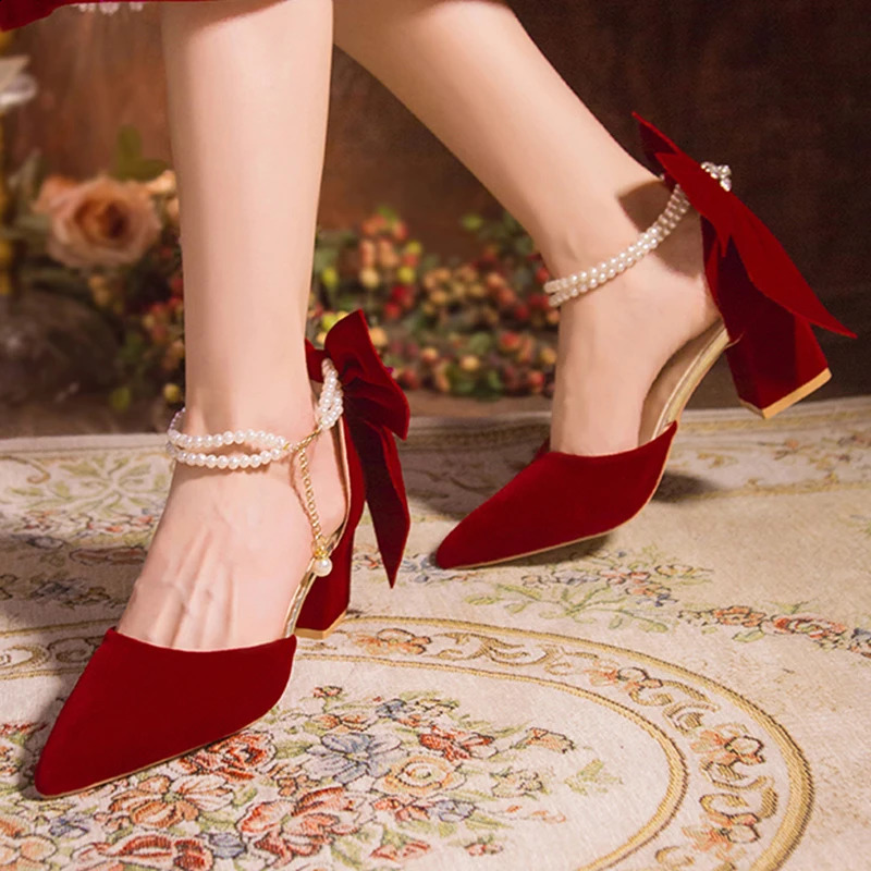Beautiful big bow womens thick foot pump trend red suede pearl button high heels womens wedding shoes women 34-40 241223