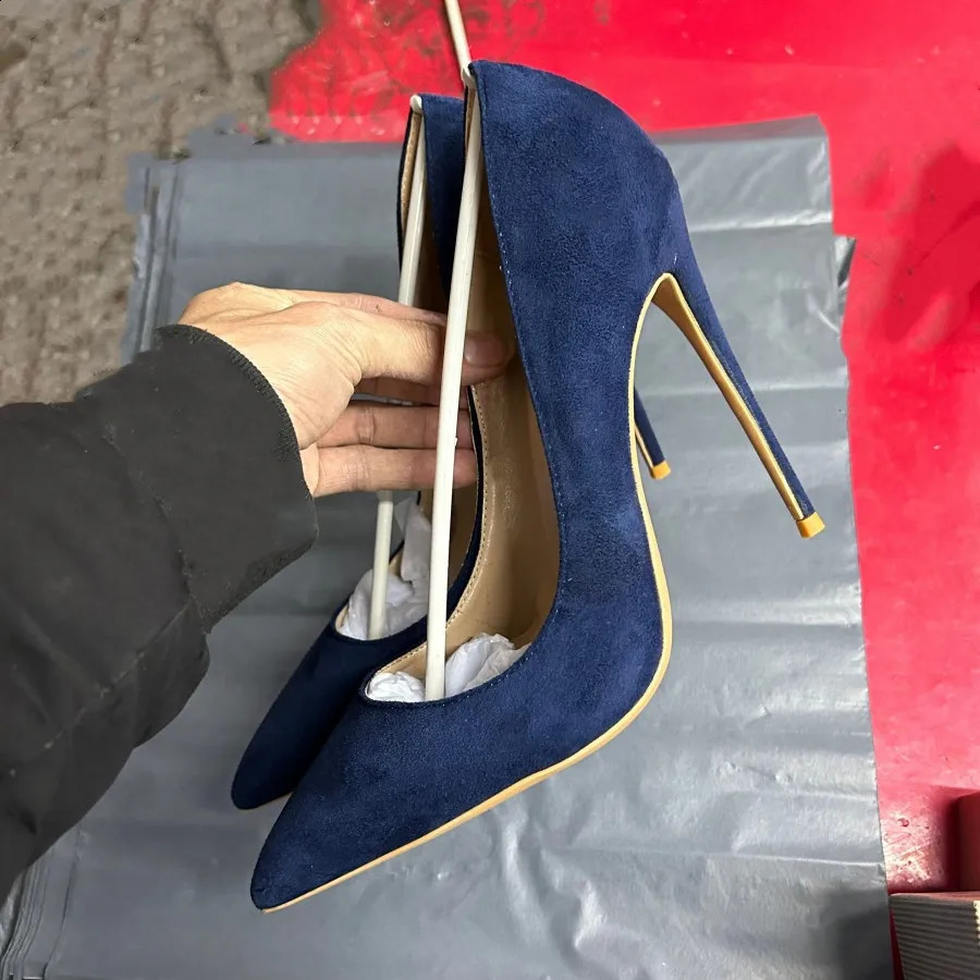 Navy Blue Womens Synthetic Suede High Heels with Lace Slip on OL Womens Stiletto Pump 8 10 12cm Fashion Wedding Shoes 241223