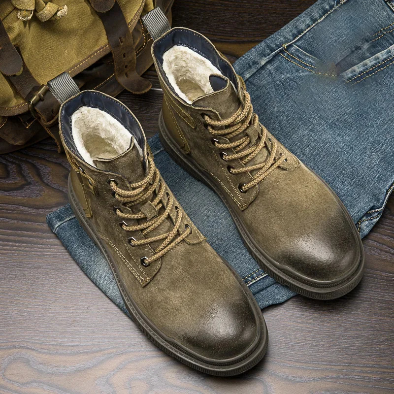 winter mens boots with lace up fur and velvet denim ankle boots style mens thick soled Nubuck leather outdoor boots 241223