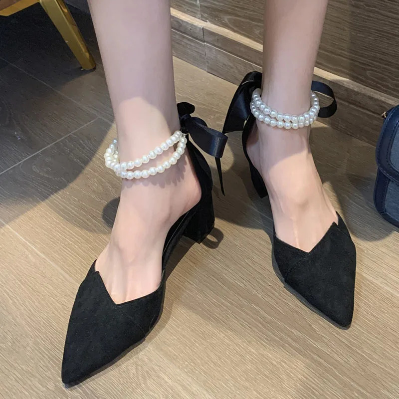 Rimocy Pearl Belt Square High Heels Pump Womens Fashion Pointed Toe Party Shoes Womens Elastic Lace Shallow Shoes Womens 241223