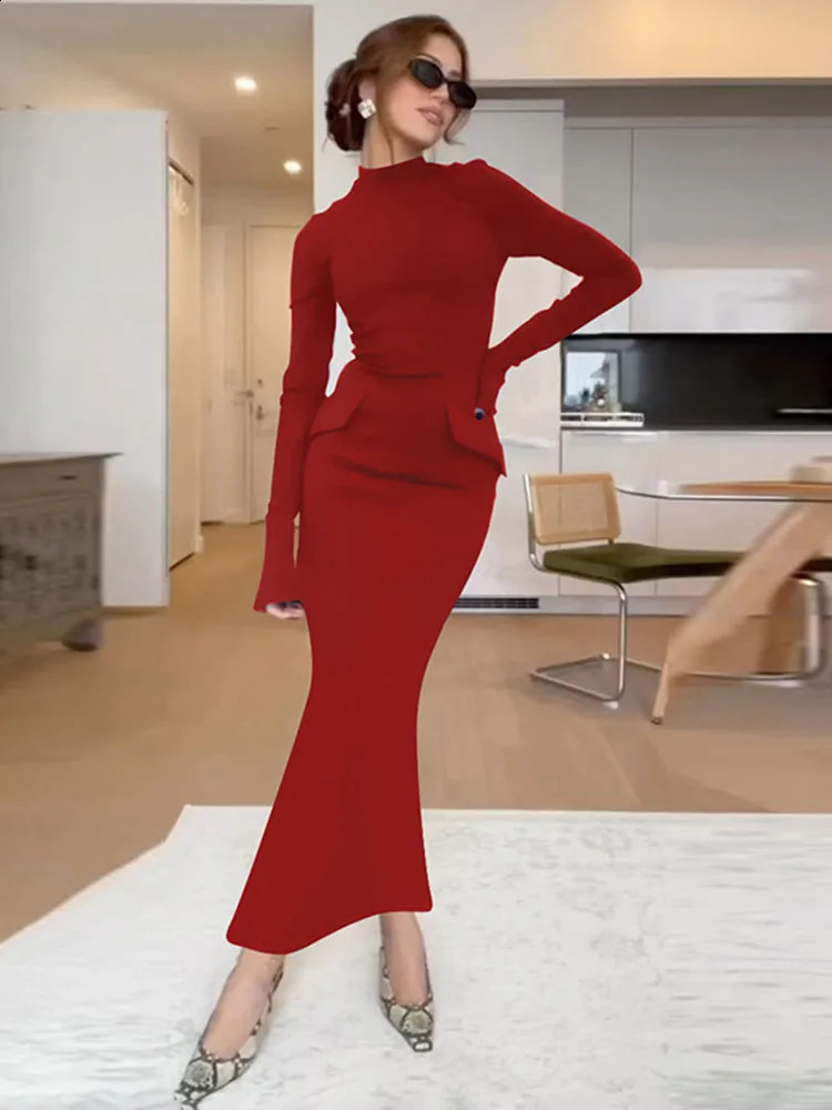 TARUXY Half Turtleneck Long Sleeves Maxi Dress Fashion Office Lady Clothing Back Slit Gown Female Solid Streetwear Autumn 241218