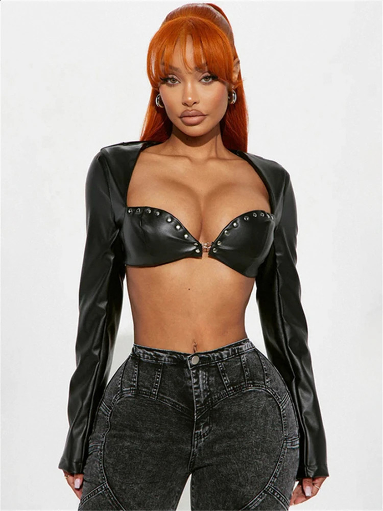 Habbris Spring Womens Black Faux Leather Crop Top Rock Rave Outfit 2025 Trendy Studded Long Sleeve Sweetheart Neck Racing Jacket 241218