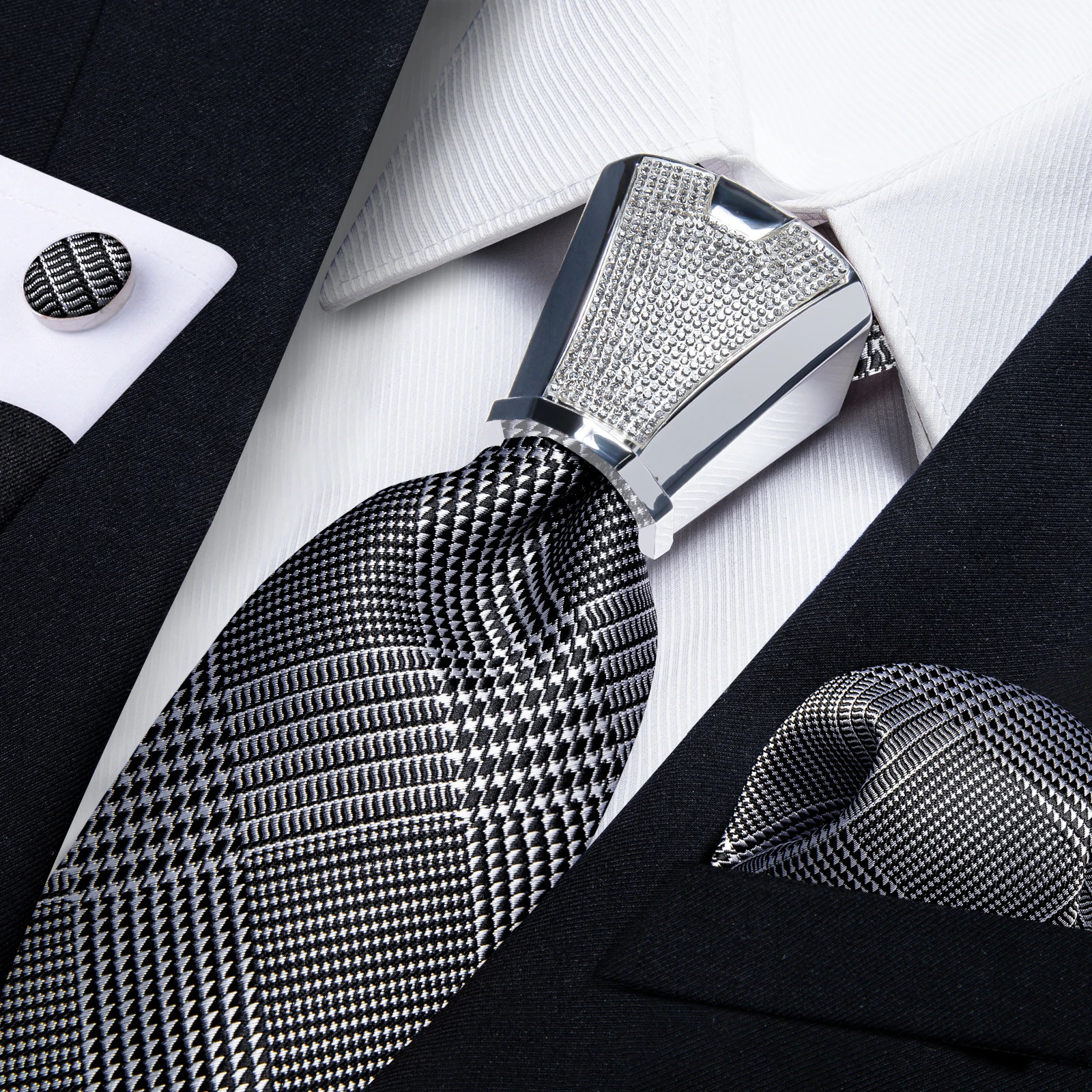 Silver Black Houndstooth Silk Ties For Men With Silver Tie Buckle Hoop Mens Hood Tie Set Pocket Square Men Gift 241224