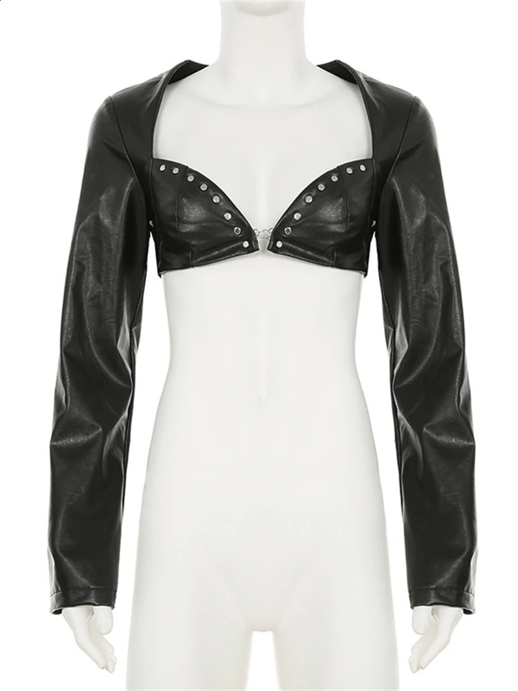 Habbris Spring Womens Black Faux Leather Crop Top Rock Rave Outfit 2025 Trendy Studded Long Sleeve Sweetheart Neck Racing Jacket 241218