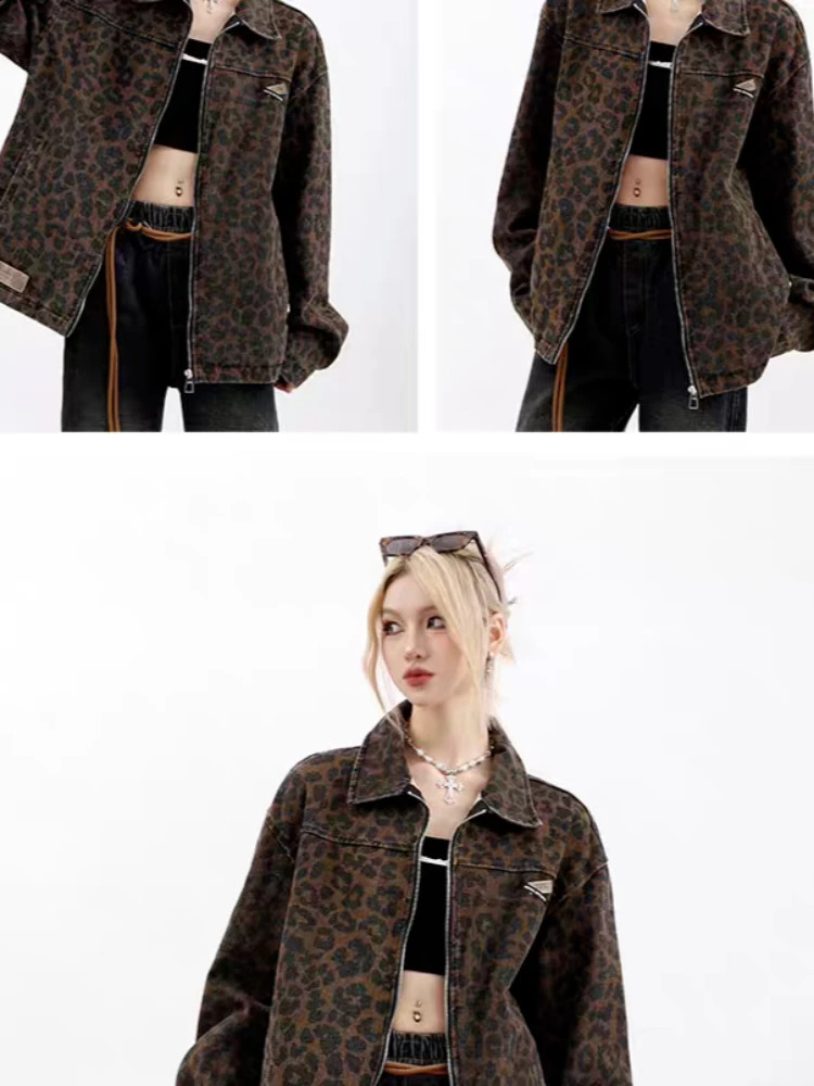 Jackets Women American Leopard Print Lapel Retro Loose Trendy Niche High Street Casual Denim Coats Couple Autumn 241223