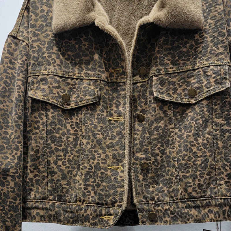 DEAT Womens Denim Coat Plush Thick Leopard Printed Mink Fur Single Breasted Jackets 2025 Fashion Spring 11A01450 241223