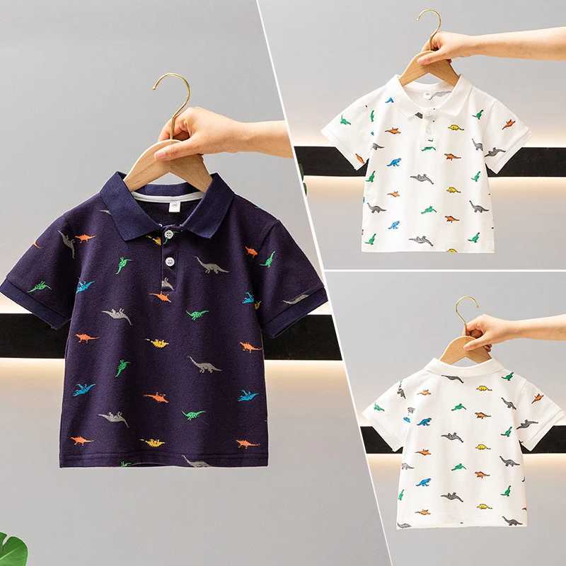 Summer Boys 2024 casual printed dinosaur button zipper short sleeved T-shirt polo shirt childrens clothing 1-7Y W241223