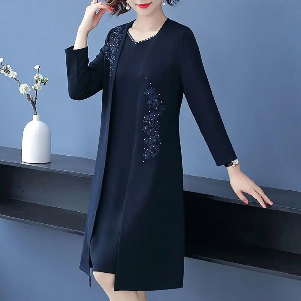 2pcsSet Womens Coat Dress Set Long Sleeve Flower Embroidered Solid Color V Neck Formal Elegant 241220