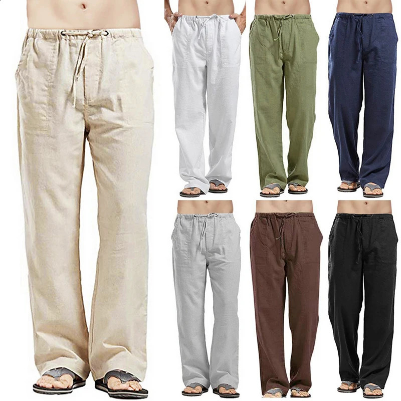 Spring and summer mens cotton linen pants outdoor breathable jogging pants solid color casual straight mens sports pants S-5XL 241219